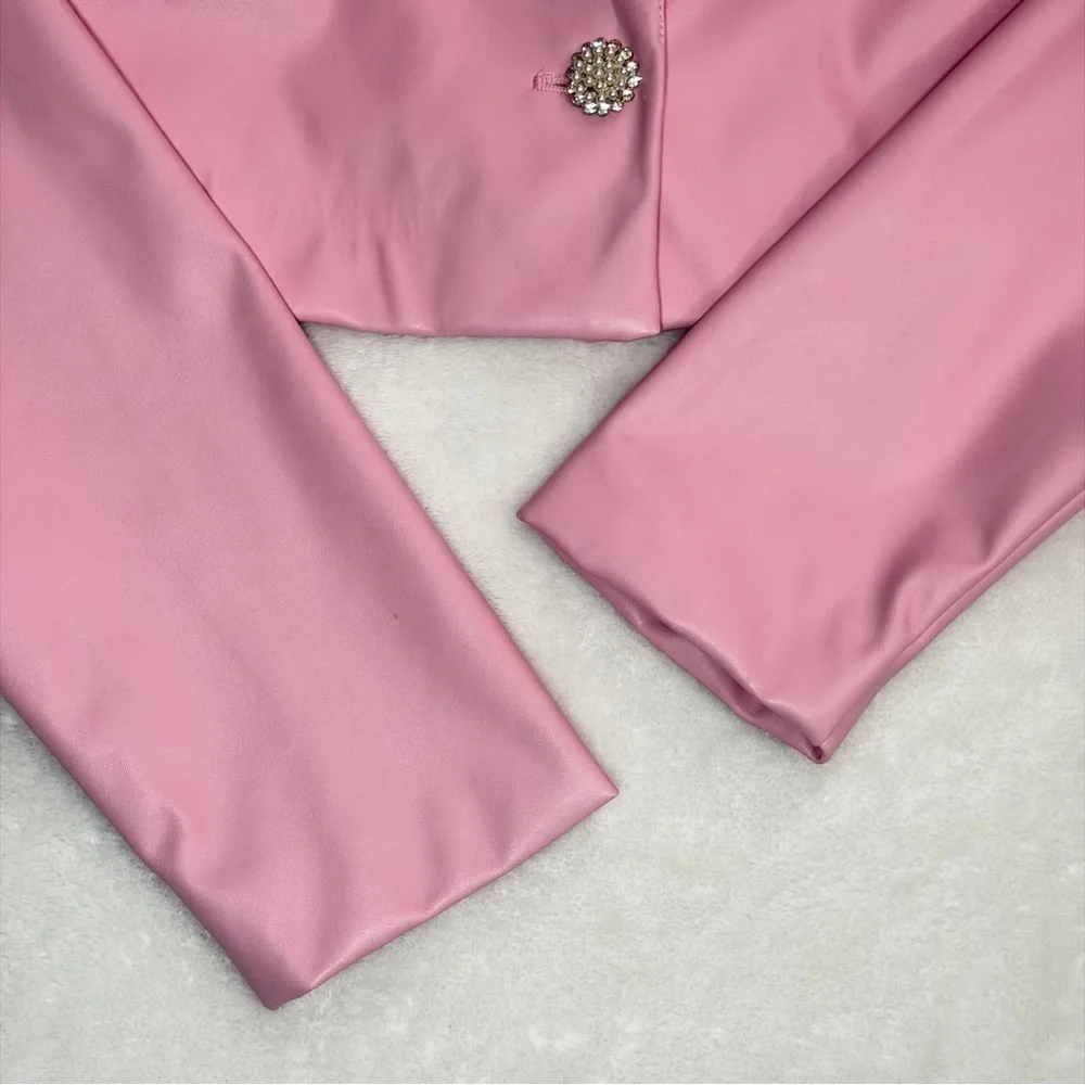 Ontwetth Women’s Cropped Pink Faux Leather Blazer Jacket - Size S